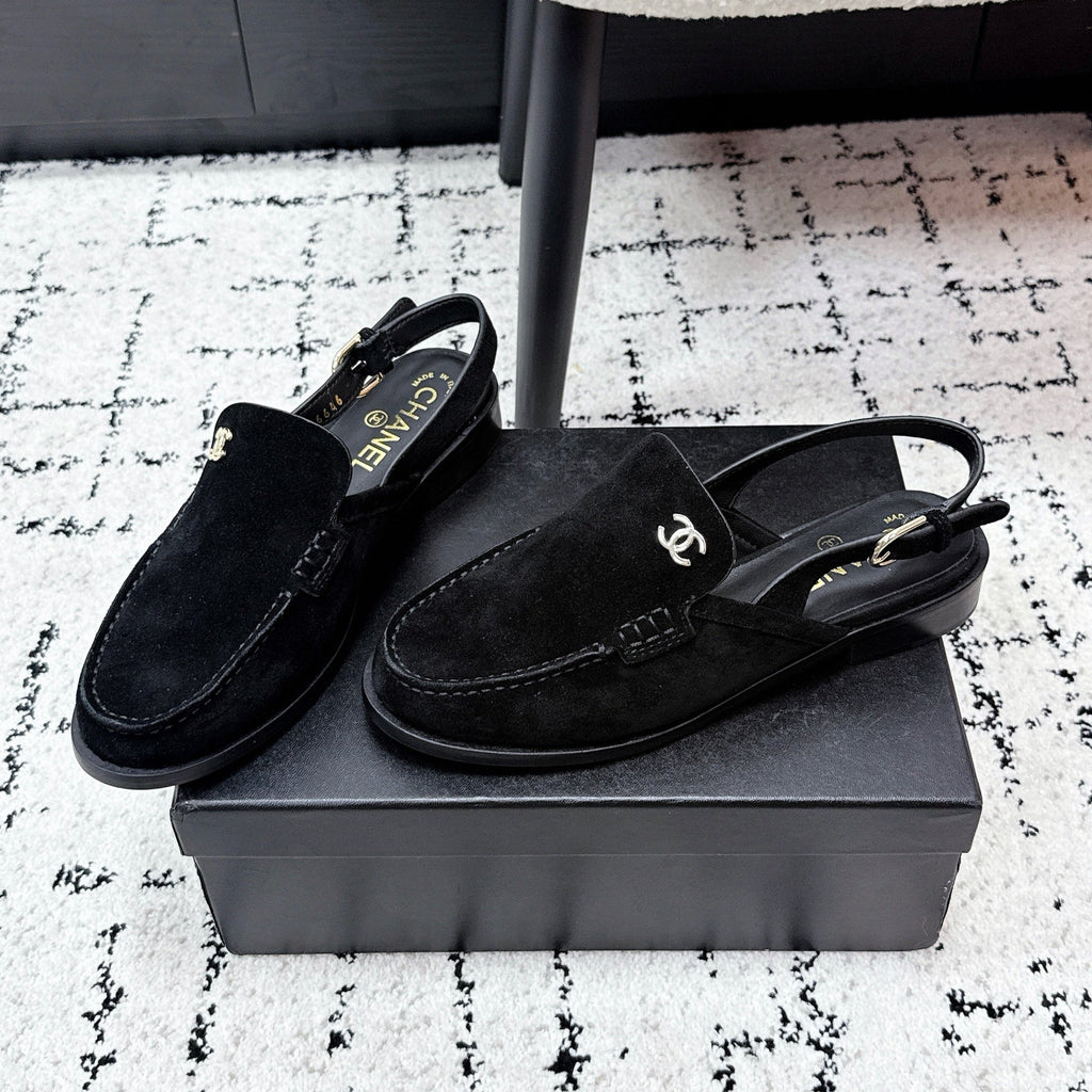 CHANEL 26S SLINGBACK LOAFERS IN BLACK SUEDE WITH CC LOGO