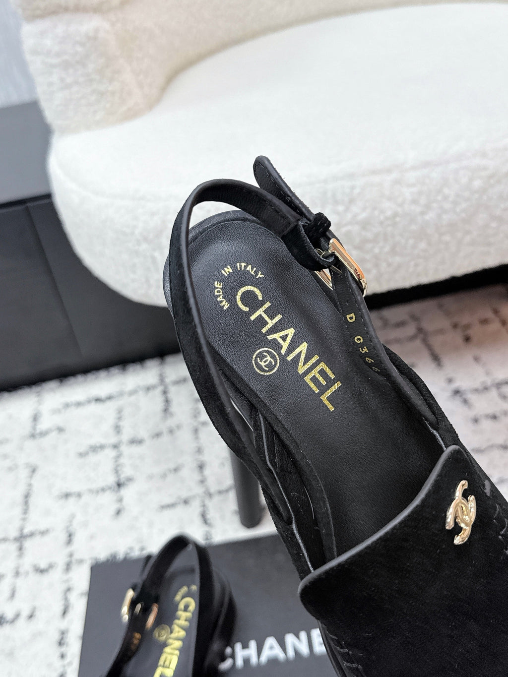 CHANEL 26S SLINGBACK LOAFERS IN BLACK SUEDE WITH CC LOGO