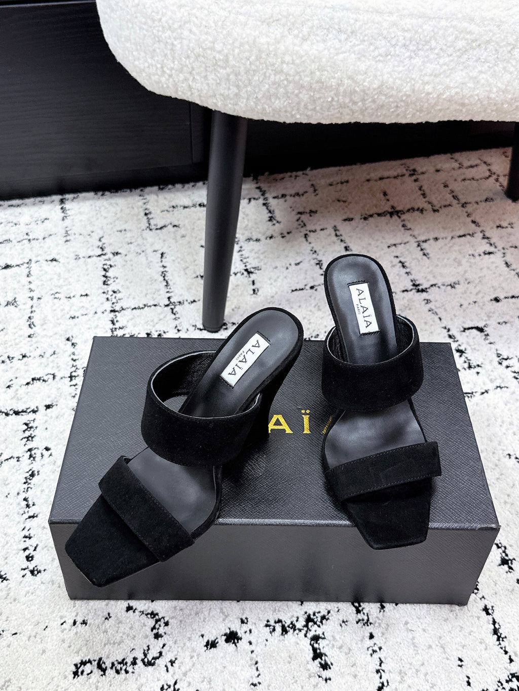 ALAIA 26S DOUBLE STRAP WEDGE SANDALS 70 MM IN BLACK SUEDE