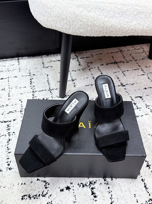 ALAIA 26S DOUBLE STRAP WEDGE SANDALS 110 MM IN BLACK SUEDE