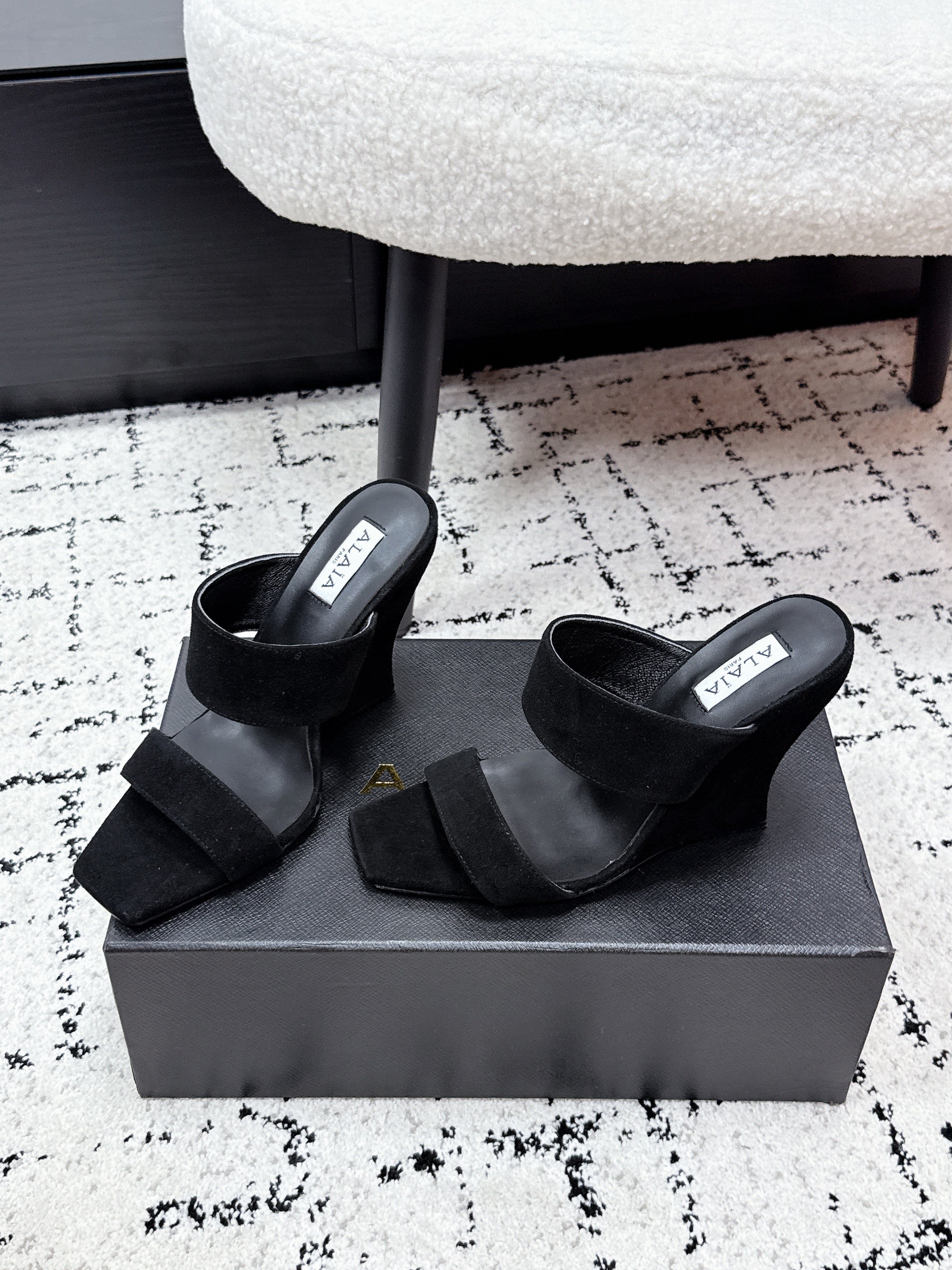 ALAIA 26S DOUBLE STRAP WEDGE SANDALS 95 MM IN BLACK SUEDE