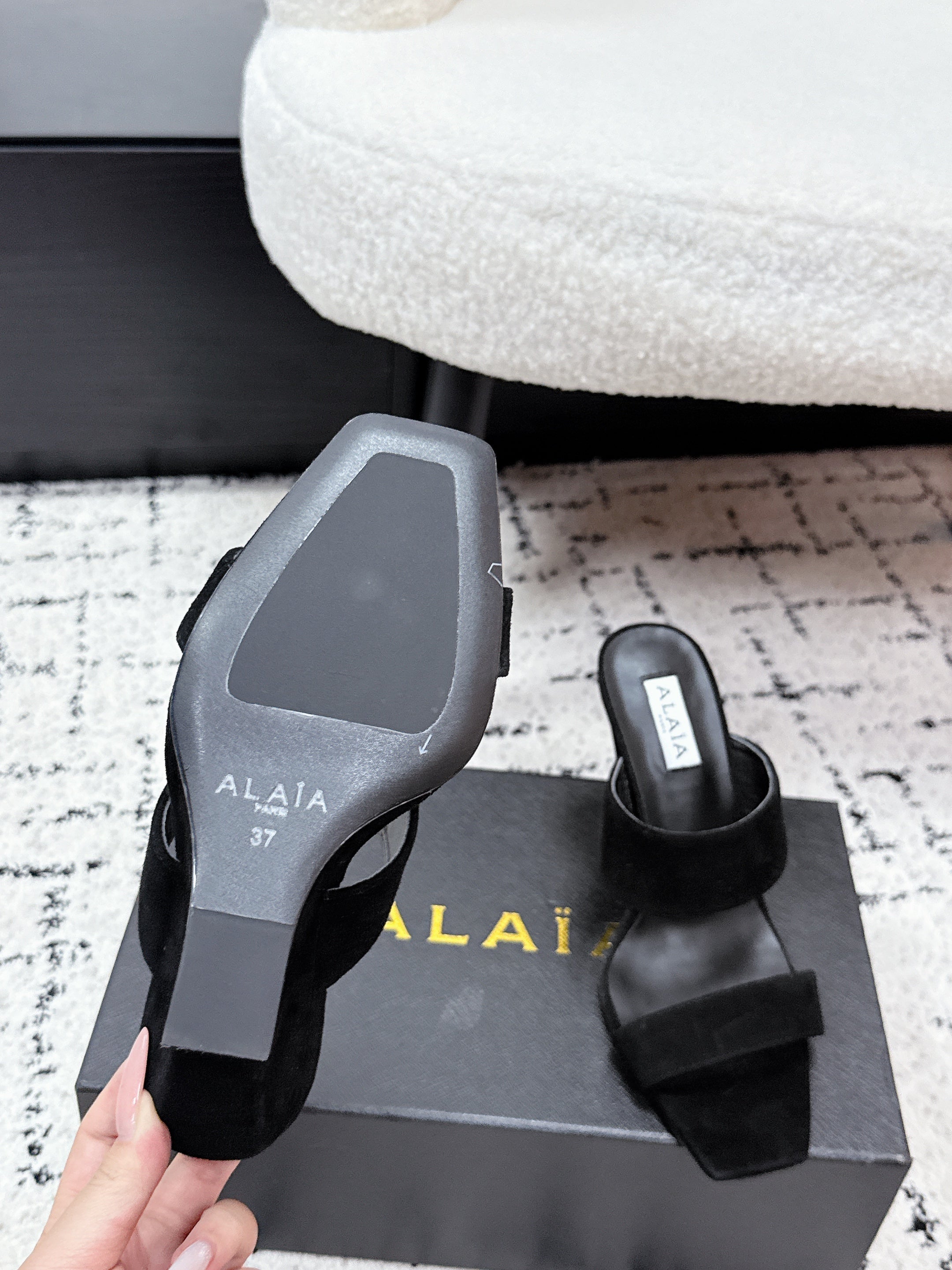 ALAIA 26S DOUBLE STRAP WEDGE SANDALS 70 MM IN BLACK SUEDE