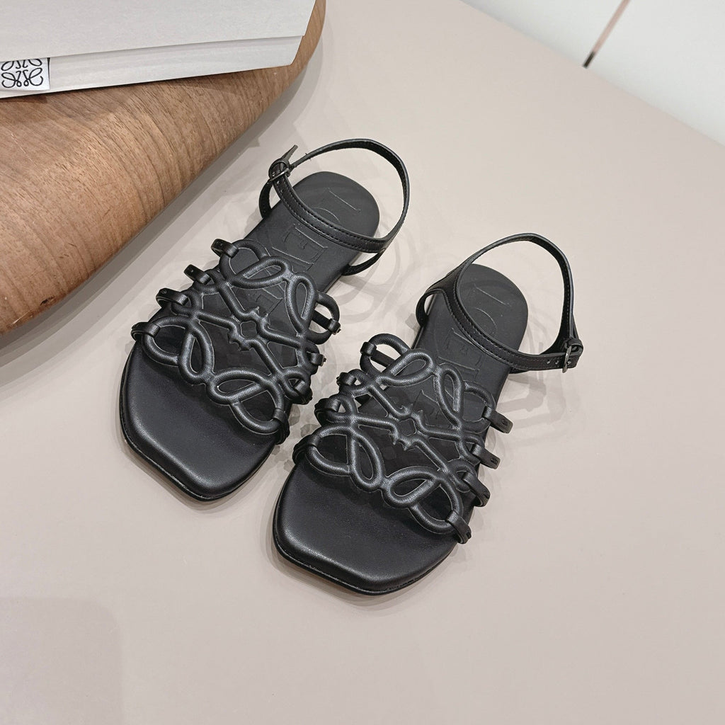 LOEWE 26S SQUARE TOE SANDALS IN BLACK CALFSKIN LOGO