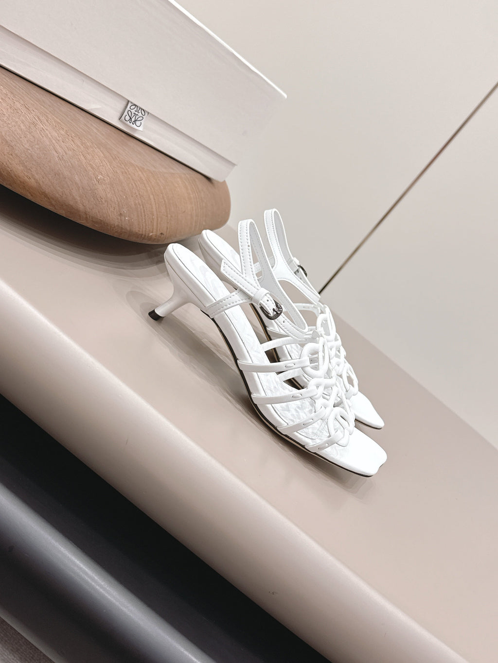 LOEWE 26S SQUARE TOE HEEL SANDALS 50MM IN WHITE CALFSKIN LOGO