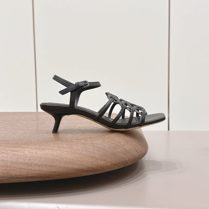 LOEWE 26S SQUARE TOE HEEL SANDALS 50MM IN BLACK CALFSKIN LOGO