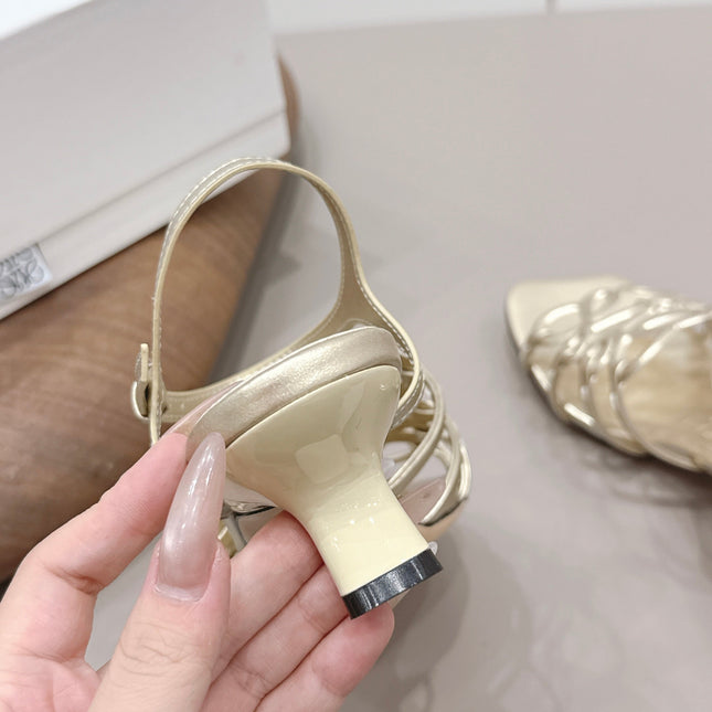 LOEWE 26S SQUARE TOE HEEL SANDALS 50MM IN GOLD CALFSKIN LOGO