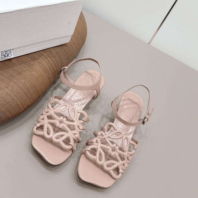 LOEWE 26S SQUARE TOE HEEL SANDALS 50MM IN PINK CALFSKIN LOGO