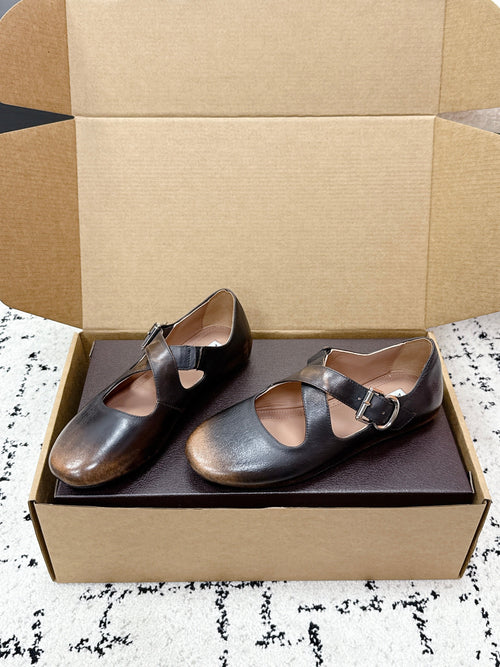 ALAIA 26S CROSS-STRAP BALLET FLATS IN MOTTLED DARK BROWN LAMBSKIN