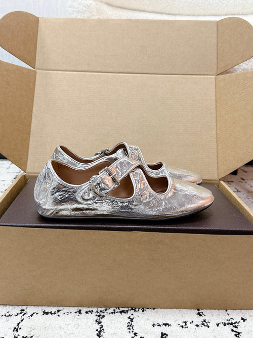 ALAIA 26S CROSS-STRAP BALLET FLATS IN SILVER LAMBSKIN