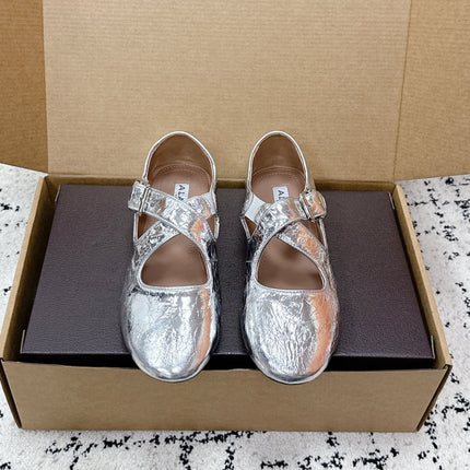 ALAIA 26S CROSS-STRAP BALLET FLATS IN SILVER LAMBSKIN