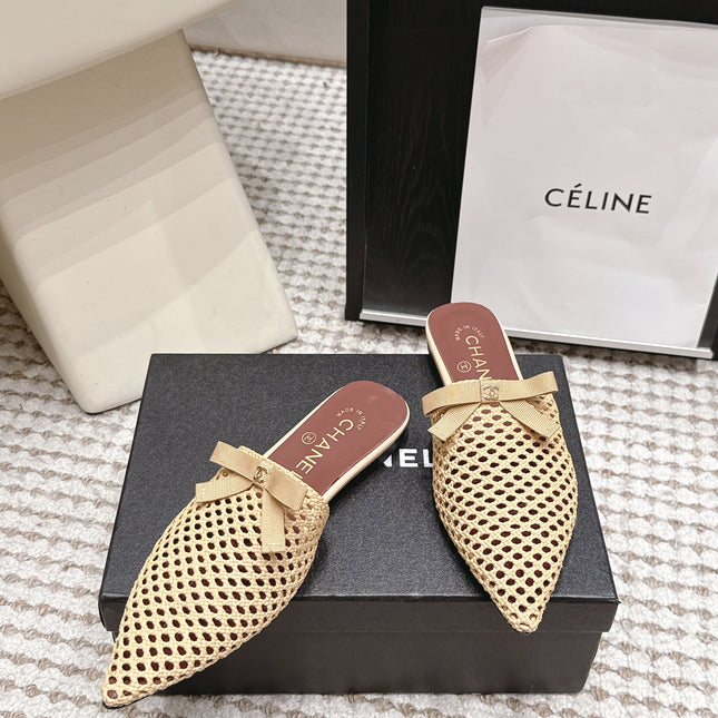 CHANEL 26S POINTED-TOE MULES IN BEIGE MESH