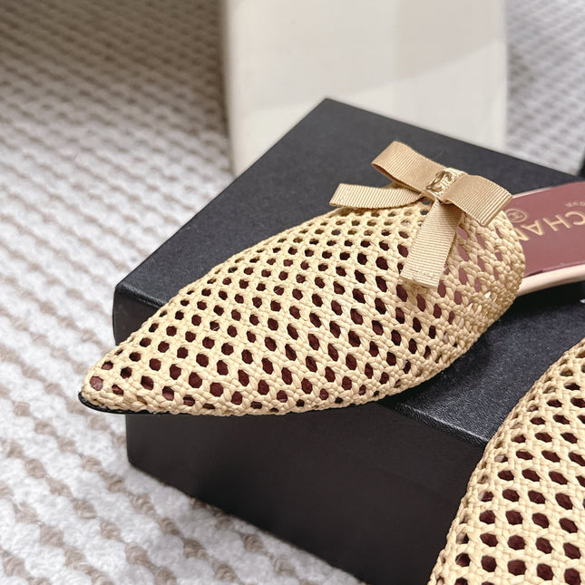 CHANEL 26S POINTED-TOE MULES IN BEIGE MESH