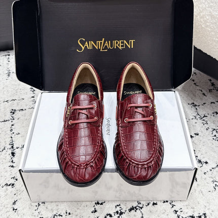 YSL 26S LOAFERS IN DARK RED CALFSKIN WITH CROCODILE EMBOSSING