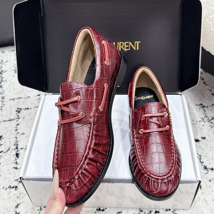 YSL 26S LOAFERS IN DARK RED CALFSKIN WITH CROCODILE EMBOSSING