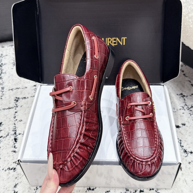 YSL 26S LOAFERS IN DARK RED CALFSKIN WITH CROCODILE EMBOSSING