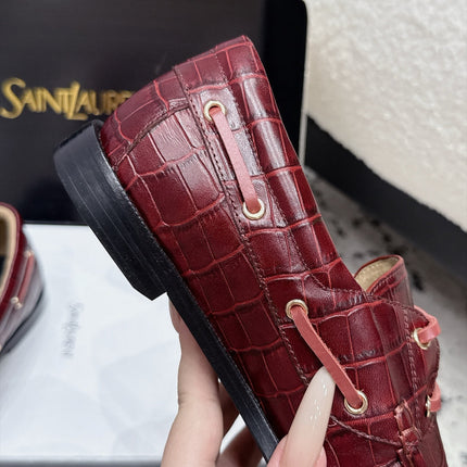 YSL 26S LOAFERS IN DARK RED CALFSKIN WITH CROCODILE EMBOSSING