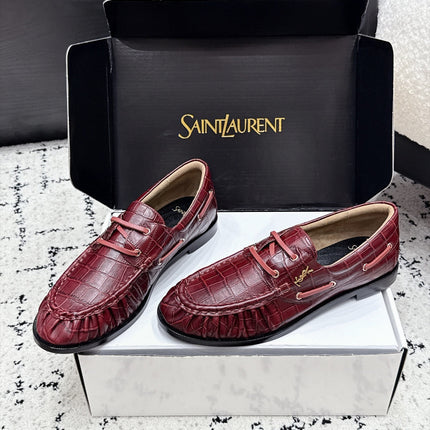 YSL 26S LOAFERS IN DARK RED CALFSKIN WITH CROCODILE EMBOSSING