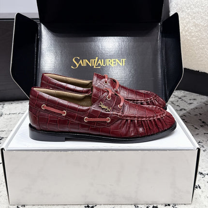 YSL 26S LOAFERS IN DARK RED CALFSKIN WITH CROCODILE EMBOSSING