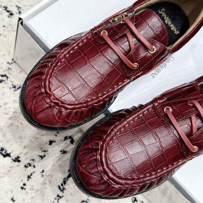 YSL 26S LOAFERS IN DARK RED CALFSKIN WITH CROCODILE EMBOSSING