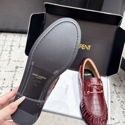 YSL 26S LOAFERS IN DARK RED CALFSKIN WITH CROCODILE EMBOSSING