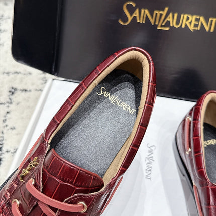 YSL 26S LOAFERS IN DARK RED CALFSKIN WITH CROCODILE EMBOSSING