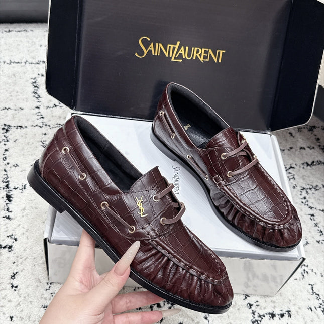 YSL 26S LOAFERS IN CHOCOLATE BROWN CALFSKIN WITH CROCODILE EMBOSSING