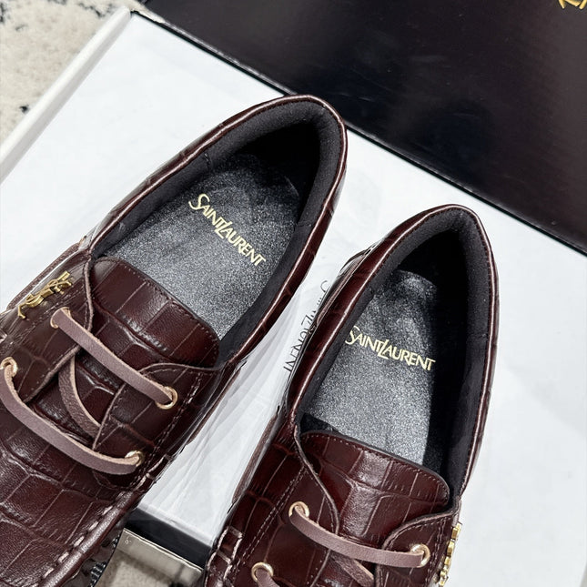 YSL 26S LOAFERS IN CHOCOLATE BROWN CALFSKIN WITH CROCODILE EMBOSSING