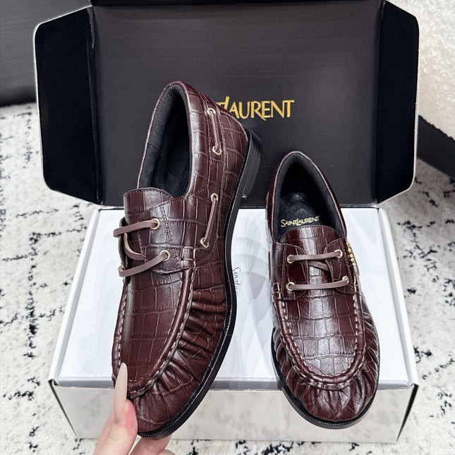 YSL 26S LOAFERS IN CHOCOLATE BROWN CALFSKIN WITH CROCODILE EMBOSSING