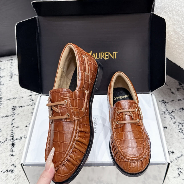 YSL 26S LOAFERS IN BROWN CALFSKIN WITH CROCODILE EMBOSSING