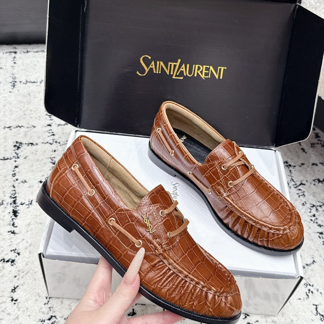 YSL 26S LOAFERS IN BROWN CALFSKIN WITH CROCODILE EMBOSSING