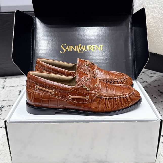 YSL 26S LOAFERS IN BROWN CALFSKIN WITH CROCODILE EMBOSSING