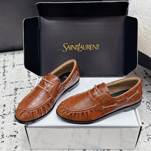YSL 26S LOAFERS IN BROWN CALFSKIN WITH CROCODILE EMBOSSING