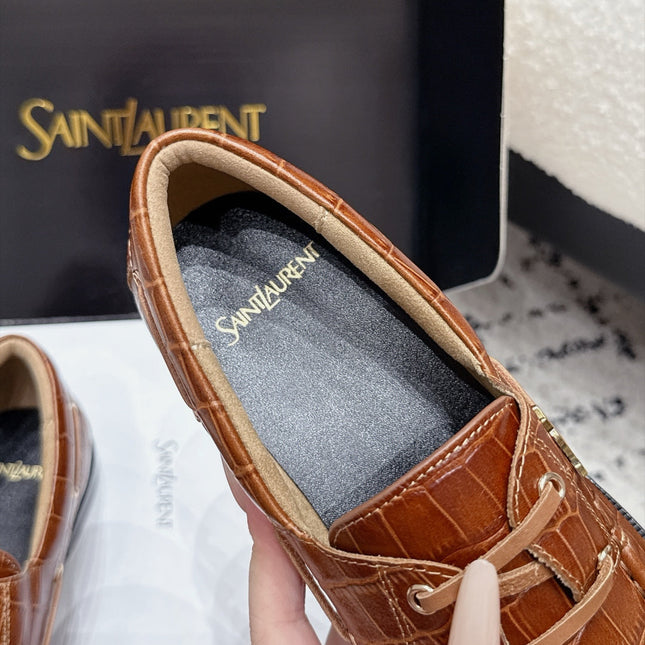 YSL 26S LOAFERS IN BROWN CALFSKIN WITH CROCODILE EMBOSSING