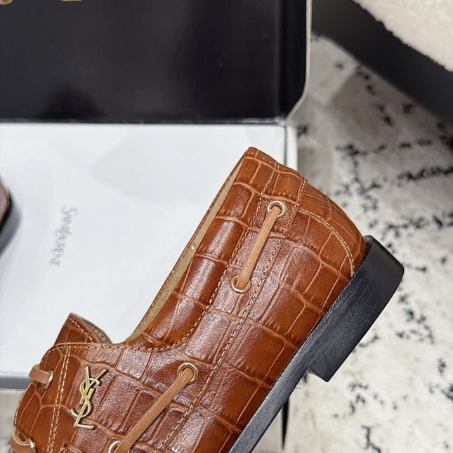 YSL 26S LOAFERS IN BROWN CALFSKIN WITH CROCODILE EMBOSSING