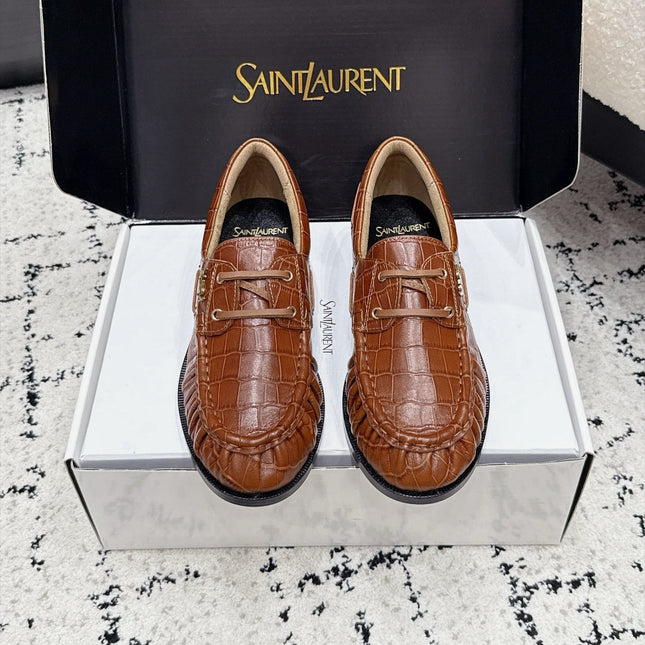 YSL 26S LOAFERS IN BROWN CALFSKIN WITH CROCODILE EMBOSSING