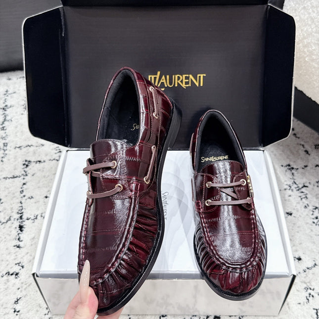 YSL 26S LOAFERS IN DARK RED GLOSSY CALFSKIN WITH CROCODILE EMBOSSING