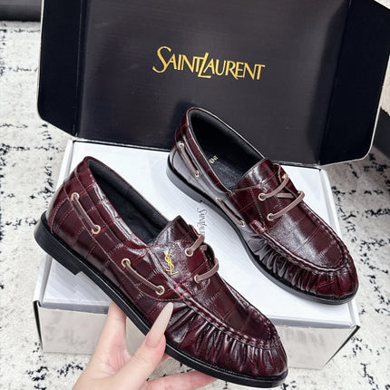 YSL 26S LOAFERS IN DARK RED GLOSSY CALFSKIN WITH CROCODILE EMBOSSING