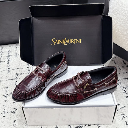 YSL 26S LOAFERS IN DARK RED GLOSSY CALFSKIN WITH CROCODILE EMBOSSING