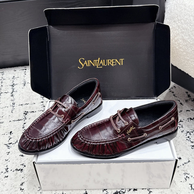 YSL 26S LOAFERS IN DARK RED GLOSSY CALFSKIN WITH CROCODILE EMBOSSING