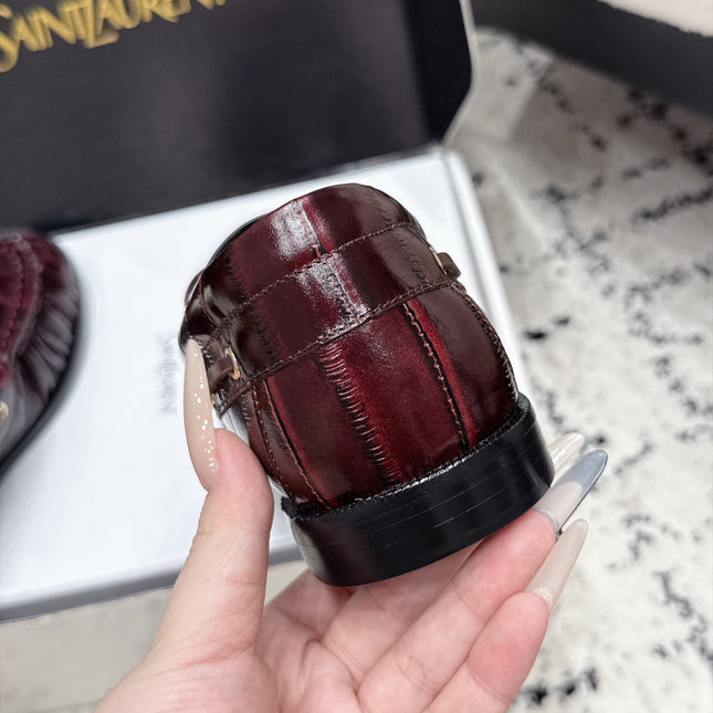 YSL 26S LOAFERS IN DARK RED GLOSSY CALFSKIN WITH CROCODILE EMBOSSING