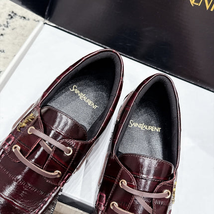 YSL 26S LOAFERS IN DARK RED GLOSSY CALFSKIN WITH CROCODILE EMBOSSING