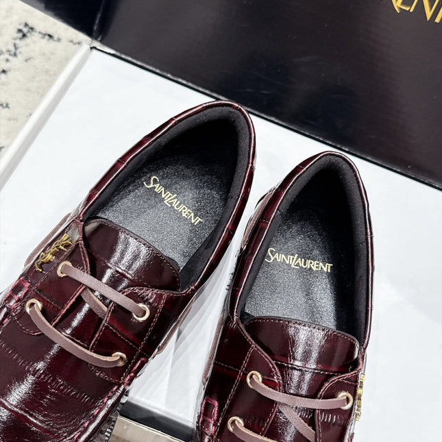 YSL 26S LOAFERS IN DARK RED GLOSSY CALFSKIN WITH CROCODILE EMBOSSING