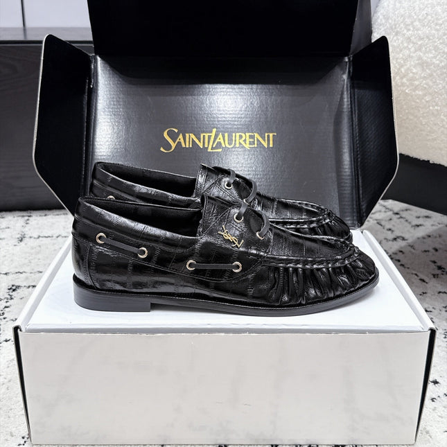 YSL 26S LOAFERS IN BLACK GLOSSY CALFSKIN WITH CROCODILE EMBOSSING