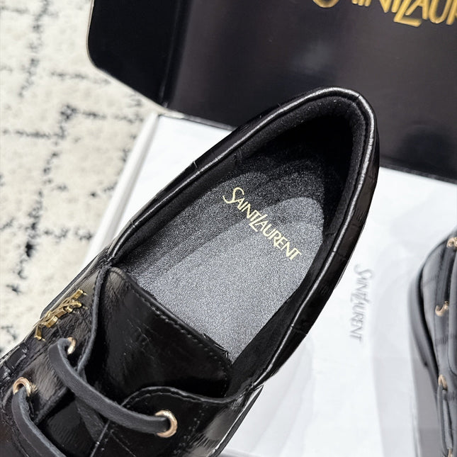 YSL 26S LOAFERS IN BLACK GLOSSY CALFSKIN WITH CROCODILE EMBOSSING