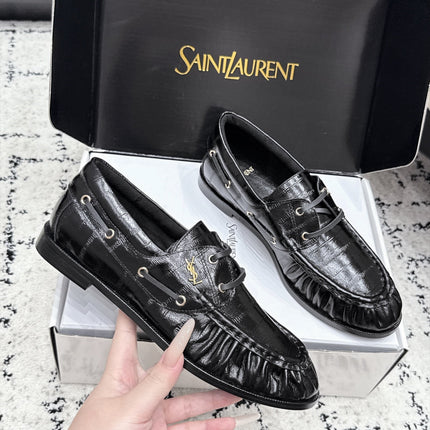 YSL 26S LOAFERS IN BLACK GLOSSY CALFSKIN WITH CROCODILE EMBOSSING