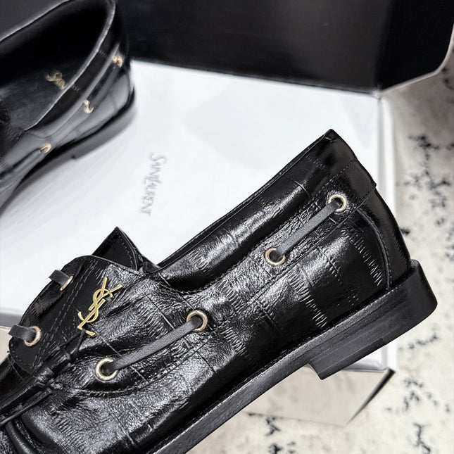 YSL 26S LOAFERS IN BLACK GLOSSY CALFSKIN WITH CROCODILE EMBOSSING