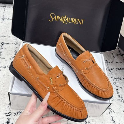 YSL 26S LOAFERS IN CAMEL BROWN CALFSKIN WITH HORIZONTAL STRAP
