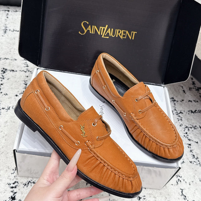 YSL 26S LOAFERS IN CAMEL BROWN CALFSKIN WITH HORIZONTAL STRAP