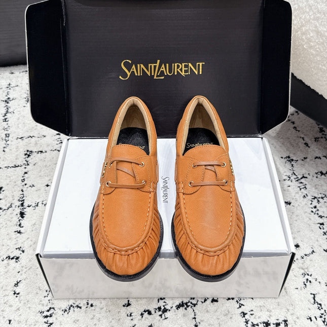 YSL 26S LOAFERS IN CAMEL BROWN CALFSKIN WITH HORIZONTAL STRAP