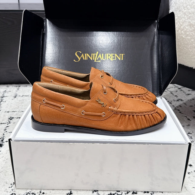 YSL 26S LOAFERS IN CAMEL BROWN CALFSKIN WITH HORIZONTAL STRAP